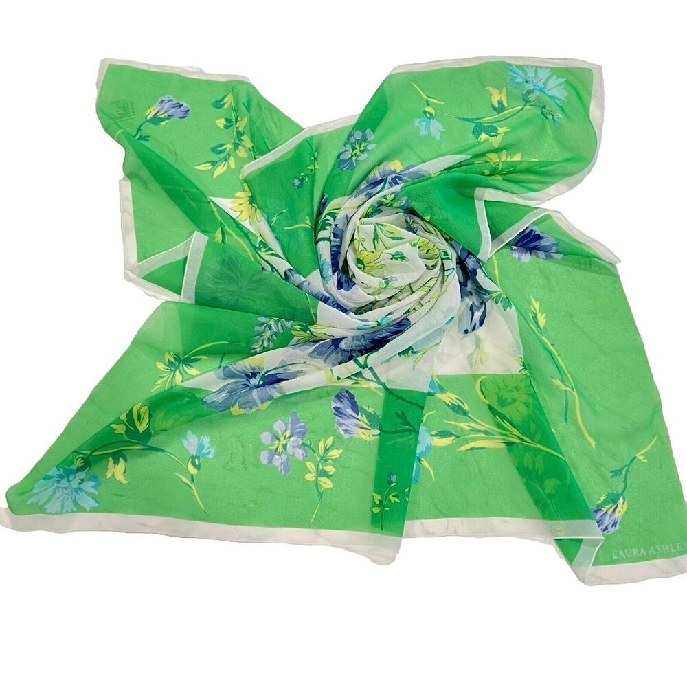 LAURA ASHLEY Scarf Chiffon Blue Green Yellow Flowers Floral Made Italy 33” X 33” - Picture 6 of 8